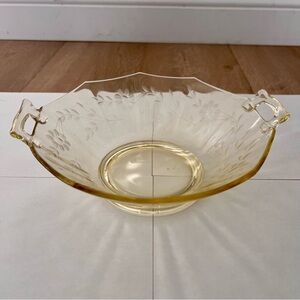 Vtg 30s Fostoria June Topaz Yellow Depression Glass Etched Flowers Bowl Dish 10”